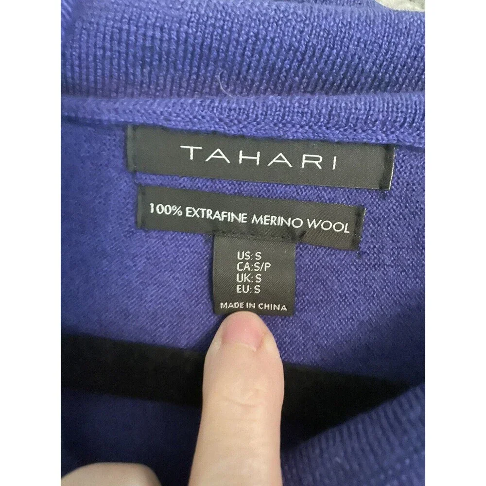 TAHARI Sweater Blue 100% Extra Fine Merino Wool Cowl Neck Womens Size Small